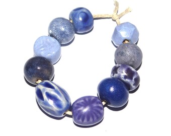 Ceramic Bead Set Textured Glazed Pottery Clay Handmade 8-15mm