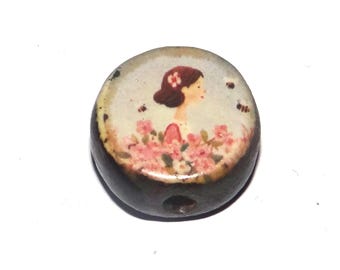 Ceramic Bees & Blossom Focal Bead Handmade Pottery Beads 16mm PP4-1