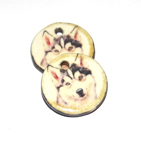 Ceramic Dog Husky Earring Charms Pair Beads Handmade Rustic 18mm/0.7" CC1-4