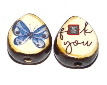 1 Ceramic Double Sided Quote Bead Porcelain Handmade  22mm PP4-2