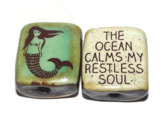 1 Ceramic Mermaid Bead Double Sided Quote Beads Porcelain Handmade  20mm