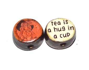 1 Ceramic Double Sided Quote Bead Porcelain Handmade 15mm BB8-4