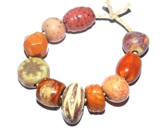 Ceramic Bead Set Textured Glazed Pottery Clay Handmade 8-15mm