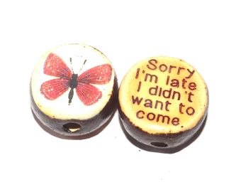 1 Ceramic Double Sided Quote Bead Porcelain Handmade Adult 19mm CC4-4