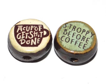1 Ceramic Coffee Double Sided Quote Bead Porcelain Handmade 15mm BB3-4