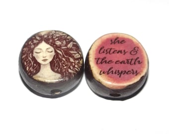 Ceramic Two Sided Focal Bead Handmade Pottery Beads 18mm BB6-1