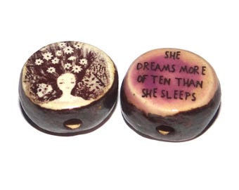 1 Ceramic Dreamer Double Sided Quote Bead Porcelain Handmade 15mm BB4-1