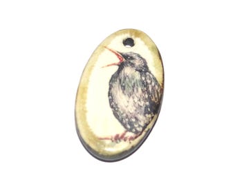 Ceramic Starling Bird Pendant Handmade Focal Porcelain 30mm CC4-2