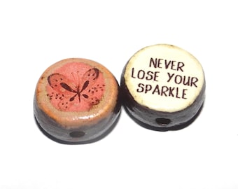 1 Ceramic Butterfly Double Sided Quote Bead Porcelain Handmade 13mm BB8-1