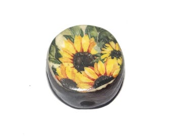 Ceramic Sunflower Focal Bead Handmade Pottery Beads 18mm CC6-2