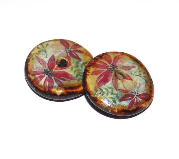 Ceramic Floral Earring Charms Pair Beads Handmade Rustic 18mm CC3-1