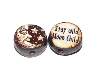 1 Ceramic Moon Double Sided Quote Bead Porcelain Handmade 13mm BB4-3