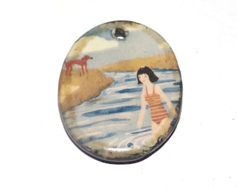 Ceramic Dip in the River Pendant Handmade Focal Porcelain 30mm CC4-1