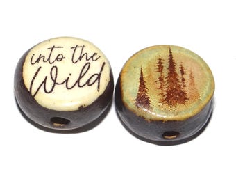 1 Ceramic Forest Trees Double Sided Quote Bead Porcelain Handmade 15mm BB8-4