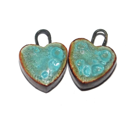 Ceramic Heart Charms Pair Beads Porcelain 16mm Crusty Turquoise