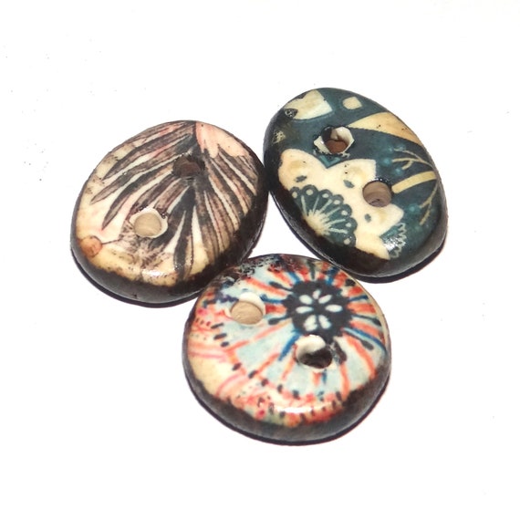 Ceramic Floral Patterned Buttons Porcelain Handmade Unique Rustic 15mm CC8-2