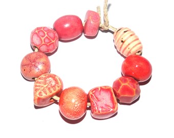 Ceramic Bead Set Textured Glazed Pottery Clay Handmade 8-15mm