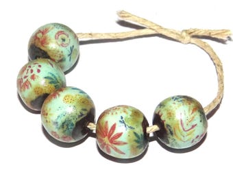 Ceramic Floral Bead Set Handmade Porcelain 10mm