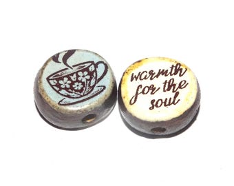 1 Ceramic Cuppa Tea Coffee Double Sided Quote Bead Porcelain Handmade 13mm BB5-4