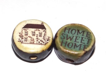 1 Ceramic Double Sided Quote Bead Porcelain Handmade 18mm PP6-4