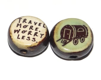 1 Ceramic Travel Double Sided Quote Bead Porcelain Handmade 15mm BB6-1