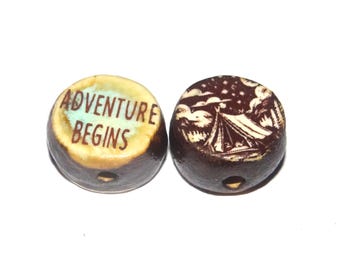1 Ceramic Camping Double Sided Quote Bead Porcelain Handmade 13mm BB4-4