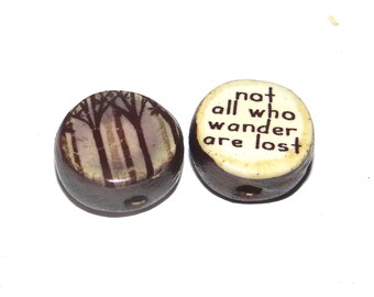 1 Ceramic Forest Double Sided Quote Bead Porcelain Handmade 13mm BB4-3