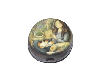 Ceramic Cat Reading Focal Bead Handmade Pottery Beads 16mm BB1-2