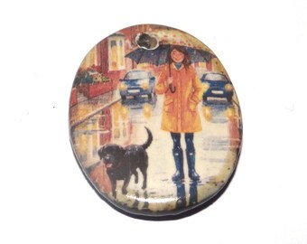 Ceramic Dog Walk in the Rain Pendant Handmade Focal Porcelain 30mm CC4-1