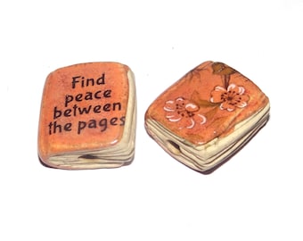 Ceramic Book Bead Focal Handmade Rustic Floral Quote Word Sculpture Porcelain 22mm