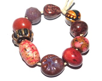 Ceramic Bead Set Textured Glazed Pottery Clay Handmade 8-15mm