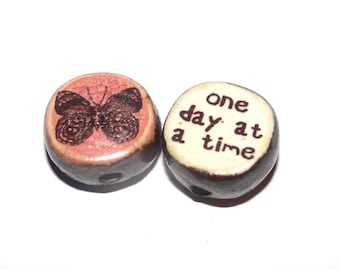 1 Ceramic Butterfly Double Sided Quote Bead Porcelain Handmade 13mm BB8-2