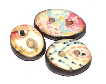 Ceramic Floral Patterned Buttons Porcelain Handmade Unique Rustic 15mm CC8-2