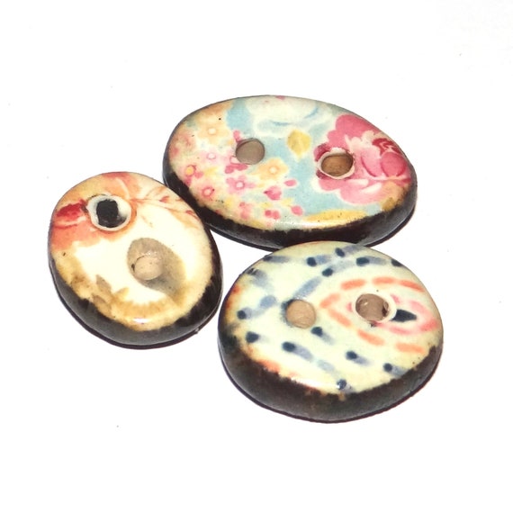 Ceramic Floral Patterned Buttons Porcelain Handmade Unique Rustic 15mm CC8-2