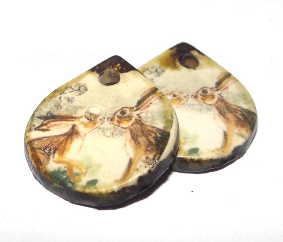 Ceramic Hare Earring Charms Pair Beads Handmade Rustic 18mm/0.7" CC1-1