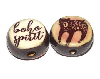 1 Ceramic Bear Double Sided Quote Bead Porcelain Handmade 15mm BB4-3