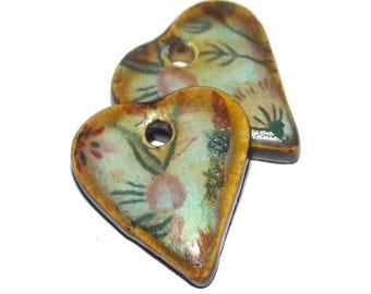 Ceramic Heart Floral Patterned Charms Earring Bead Pair 18mm PP3-2