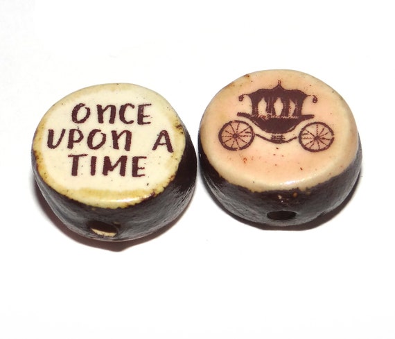 1 Ceramic Double Sided Quote Bead Porcelain Handmade 18mm Fairytale PP6-3