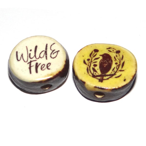 1 Ceramic Double Sided Quote Bead Porcelain Handmade 18mm PP7-4