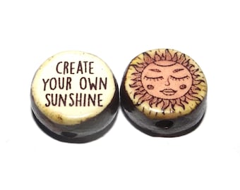 1 Ceramic Sun Double Sided Quote Bead Porcelain Handmade 13mm BB7-4