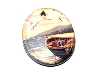 Ceramic Gulls & Boat Pendant Handmade Focal Porcelain 30mm CC4-2