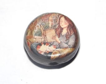 Ceramic Reading A Book Focal Bead Handmade Pottery Beads 16mm PP3-1