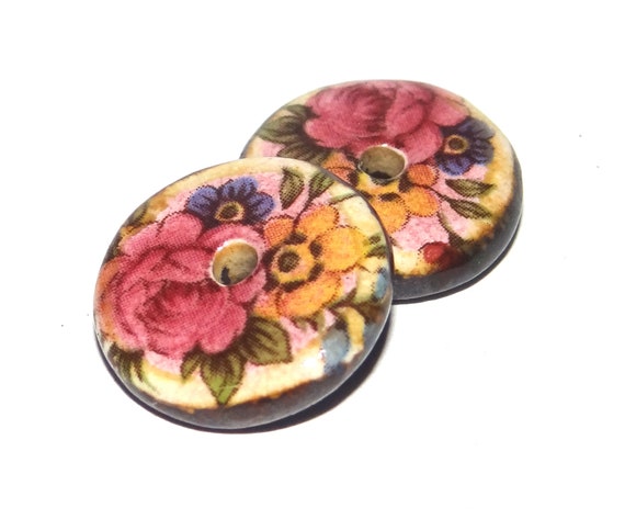 Ceramic Floral Disk Pair Beads Handmade Rustic 18mm/0.7" CC1-1