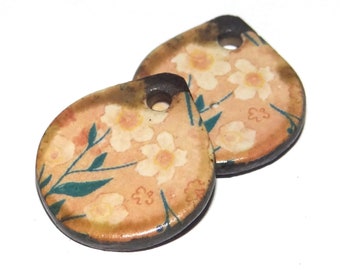 Ceramic Floral Rustic Charms Beads Pair Porcelain 20mm CC3-3