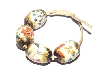 Ceramic Floral Bead Set Handmade Porcelain 15mm