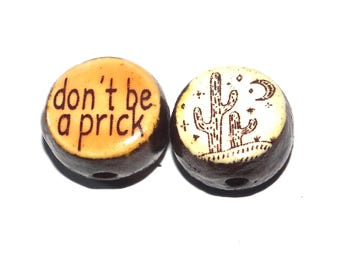 1 Ceramic Double Sided Quote Bead Porcelain Handmade 15mm BB8-4