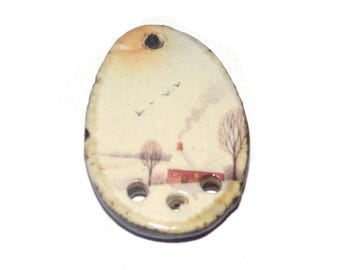 Ceramic Snowy Cottage Pendant Handmade Focal Porcelain 30mm CC4-2