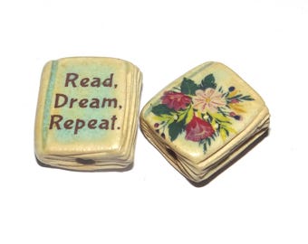 Ceramic Book Bead Focal Handmade Rustic Floral Quote Word Sculpture Porcelain 22mm