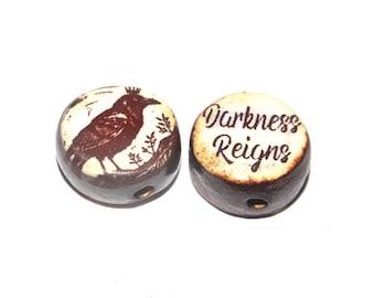 1 Ceramic Bird Crow Double Sided Quote Bead Porcelain Handmade 13mm BB5-4