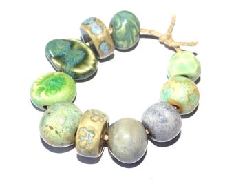 Ceramic Bead Set Textured Glazed Pottery Clay Handmade Porcelain 8-12mm